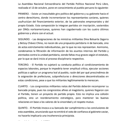 PERÚ LIBRE NO DARÁ VOTO DE CONFIANZA AL GABINETE, ANUNCIA EXPULSIONES Y RECOMPOSICIÓN DE SU BANCADA