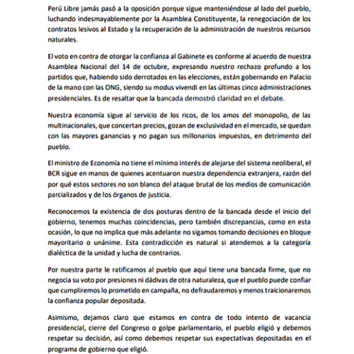 PERÚ LIBRE VOTÓ DISCIPLINADAMENTE CONFORME AL ACUERDO DE SU ASAMBLEA NACIONAL Y RATIFICA SU IDENTIFICACIÓN AL LADO DEL PUEBLO