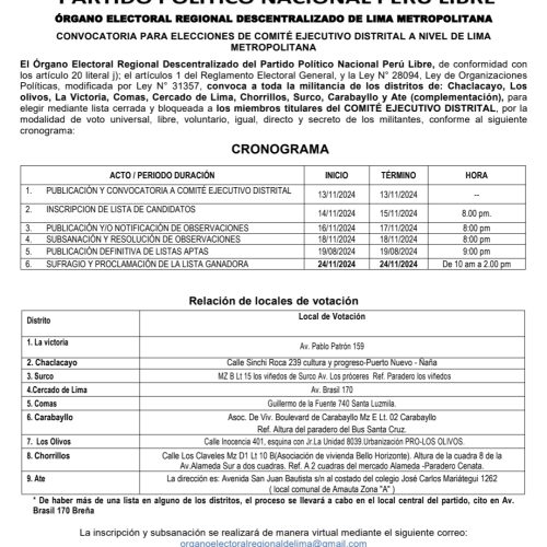 CONVOCATORIA Órgano Electoral Regional Descentralizado de Lima Metropolitana 2024 Elecciones 24 de noviembre