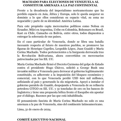 María Corina Machado constituye amenaza a la paz continental