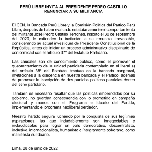 PERÚ LIBRE INVITA AL PRESIDENTE PEDRO CASTILLO RENUNCIAR A SU MILITANCIA