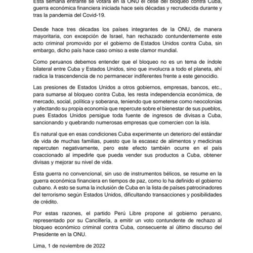 Perú Libre rechaza guerra económica contra Cuba